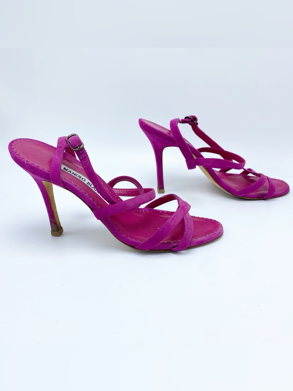 Manolo Blahnik 36.5 / 6.5 Fuchsia Suede Strappy Stiletto Heel Sandals - Picture 3 of 10